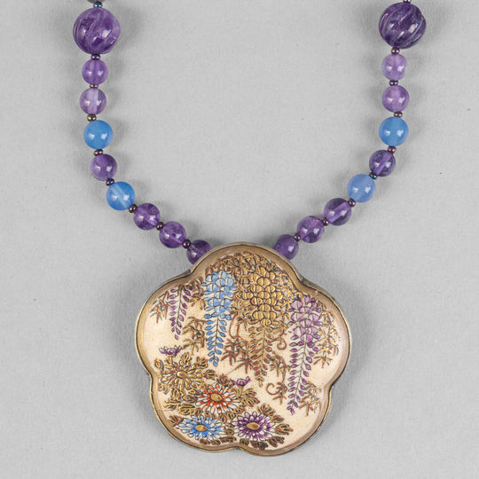 Antique Japanese Satsuma hand painted ceramic pendant necklace with Amethyst and blue Chalcedony beads.  nlor851