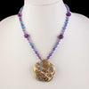 Antique Japanese Satsuma hand painted ceramic pendant necklace with Amethyst and blue Chalcedony beads.  nlor851
