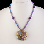 Antique Japanese Satsuma hand painted ceramic pendant necklace with Amethyst and blue Chalcedony beads.  nlor851