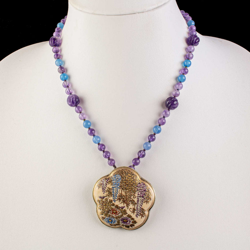 Antique Japanese Satsuma hand painted ceramic pendant necklace with Amethyst and blue Chalcedony beads.  nlor851