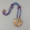 Antique Japanese Satsuma hand painted ceramic pendant necklace with Amethyst and blue Chalcedony beads.  nlor851