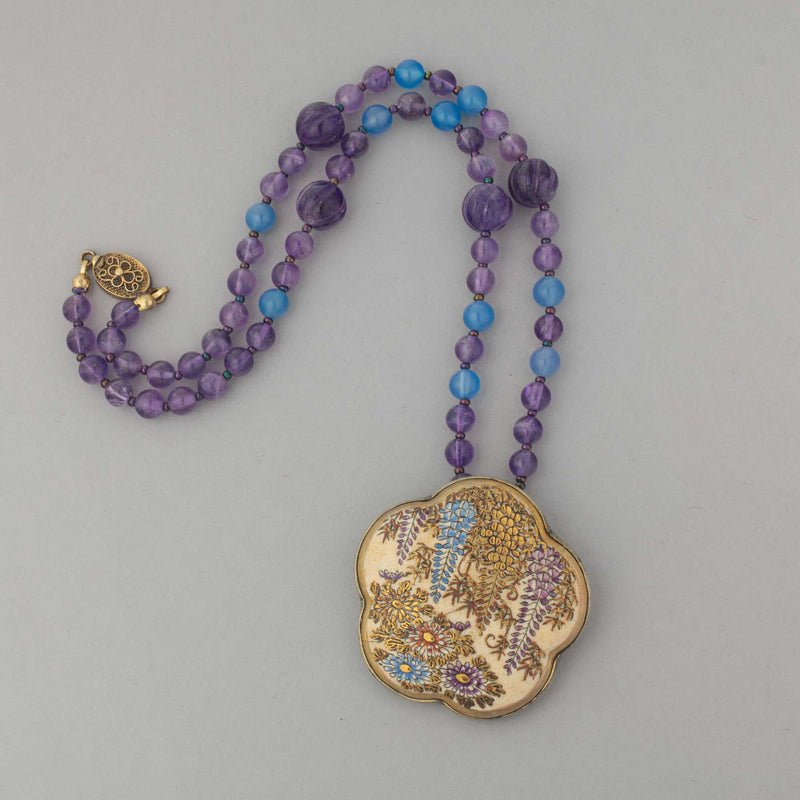 Antique Japanese Satsuma hand painted ceramic pendant necklace with Amethyst and blue Chalcedony beads.  nlor851