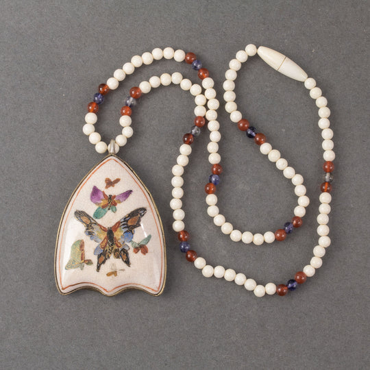 Antique Japanese Satsuma  pendant necklace with bone and gemstone beads.  nlor850