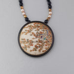 Antique Japanese Satsuma hand painted ceramic pendant necklace black onyx, vermeil and pearl beads.  j-nlor853.