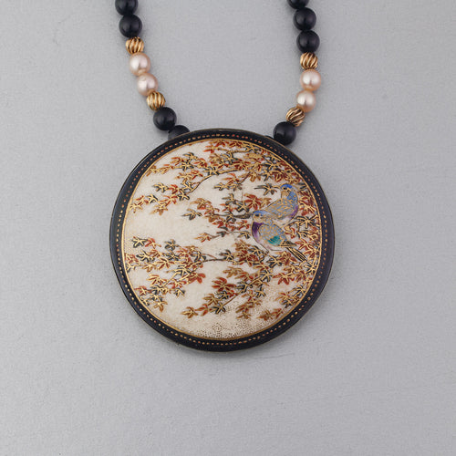 Antique Japanese Satsuma hand painted ceramic pendant necklace black onyx, vermeil and pearl beads.  j-nlor853.