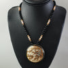 Antique Japanese Satsuma hand painted ceramic pendant necklace black onyx, vermeil and pearl beads.  j-nlor853.