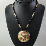 Antique Japanese Satsuma hand painted ceramic pendant necklace black onyx, vermeil and pearl beads.  j-nlor853.