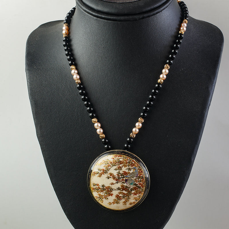 Antique Japanese Satsuma hand painted ceramic pendant necklace black onyx, vermeil and pearl beads.  j-nlor853.