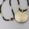 Antique Japanese Satsuma hand painted ceramic pendant necklace black onyx, vermeil and pearl beads.  j-nlor853.