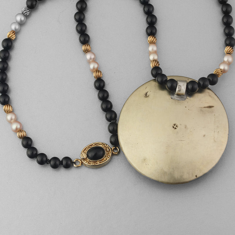 Antique Japanese Satsuma hand painted ceramic pendant necklace black onyx, vermeil and pearl beads.  j-nlor853.