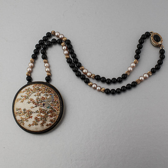 Antique Japanese Satsuma hand painted ceramic pendant necklace black onyx, vermeil and pearl beads.  j-nlor853.