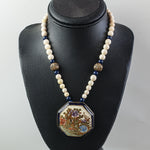 Antique Japanese Satsuma hand painted ceramic pendant necklace with lapis, bone and gold vermeil beads.  j-nlor854