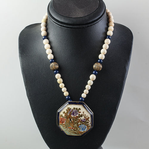 Antique Japanese Satsuma hand painted ceramic pendant necklace with lapis, bone and gold vermeil beads.  j-nlor854