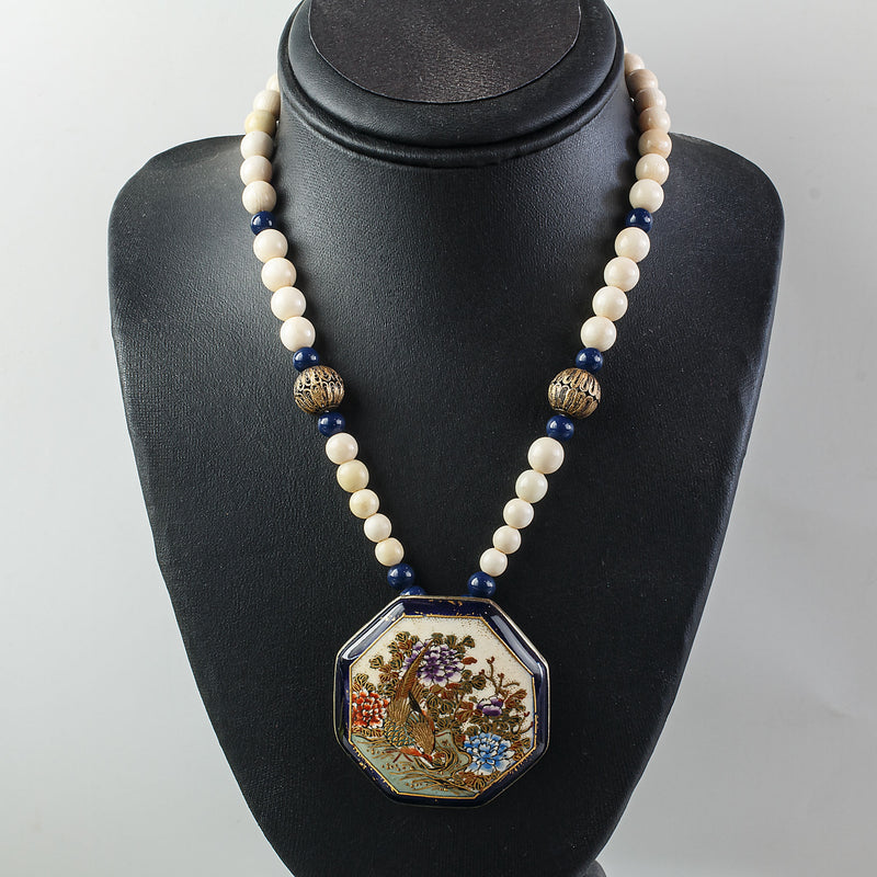 Antique Japanese Satsuma hand painted ceramic pendant necklace with lapis, bone and gold vermeil beads.  j-nlor854