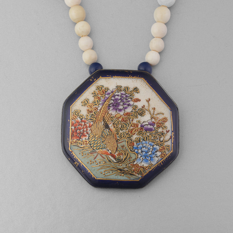 Antique Japanese Satsuma hand painted ceramic pendant necklace with lapis, bone and gold vermeil beads.  j-nlor854