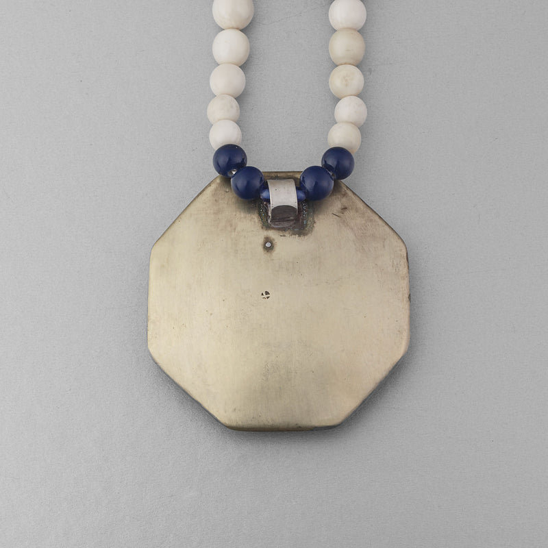 Antique Japanese Satsuma hand painted ceramic pendant necklace with lapis, bone and gold vermeil beads.  j-nlor854