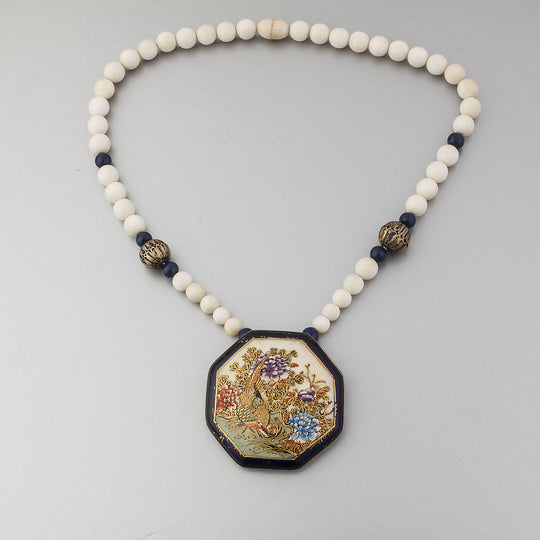 Antique Japanese Satsuma hand painted ceramic pendant necklace with lapis, bone and gold vermeil beads.  j-nlor854