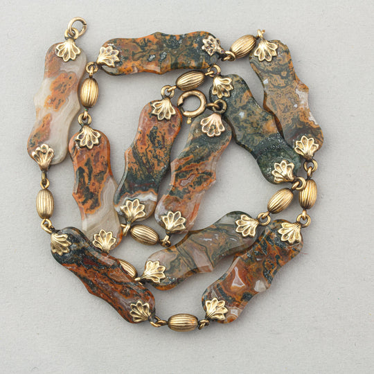 Victorian 14k carved Moss Agate necklace.  17".  j-nlvc528sbk