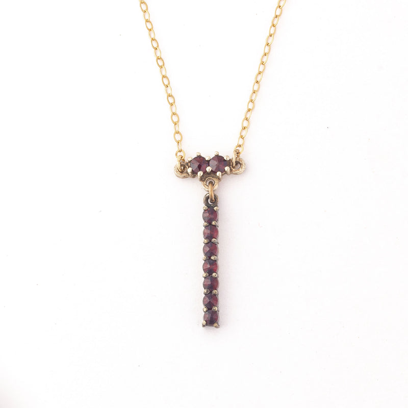 Vintage Bohemian garnet 900 silver vermeil dangle pendant on gold filled chain.  j-pdvn876
