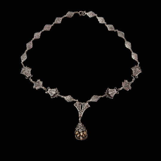 Fancy stamped silver-link lavalier pendant necklace.  18 inches.    j-nlvn877