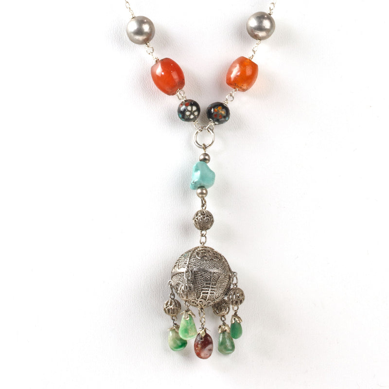 Chinese Filigree Pendant Necklace, fine silver, gemstone beads, sterling silver chain. nlvs746