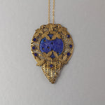 Vintage 1920s gilt brass and blue pressed glass pendant. Czechoslovakia.   PDBG114