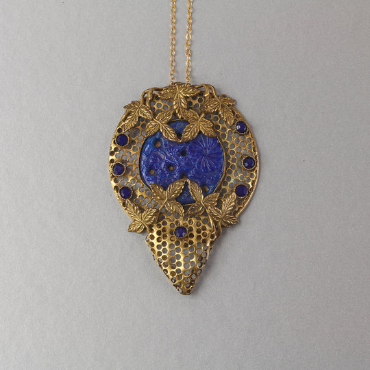 Vintage 1920s gilt brass and blue pressed glass pendant. Czechoslovakia.   PDBG114