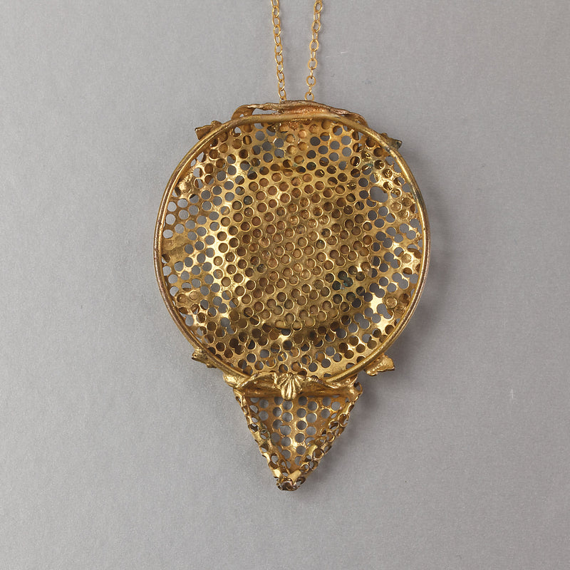 Vintage 1920s gilt brass and blue pressed glass pendant. Czechoslovakia.   PDBG114