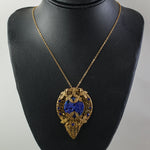 Vintage 1920s gilt brass and blue pressed glass pendant. Czechoslovakia.   PDBG114