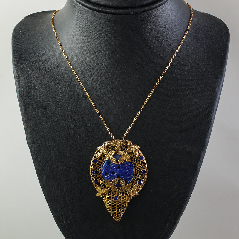 Vintage 1920s gilt brass and blue pressed glass pendant. Czechoslovakia.   PDBG114