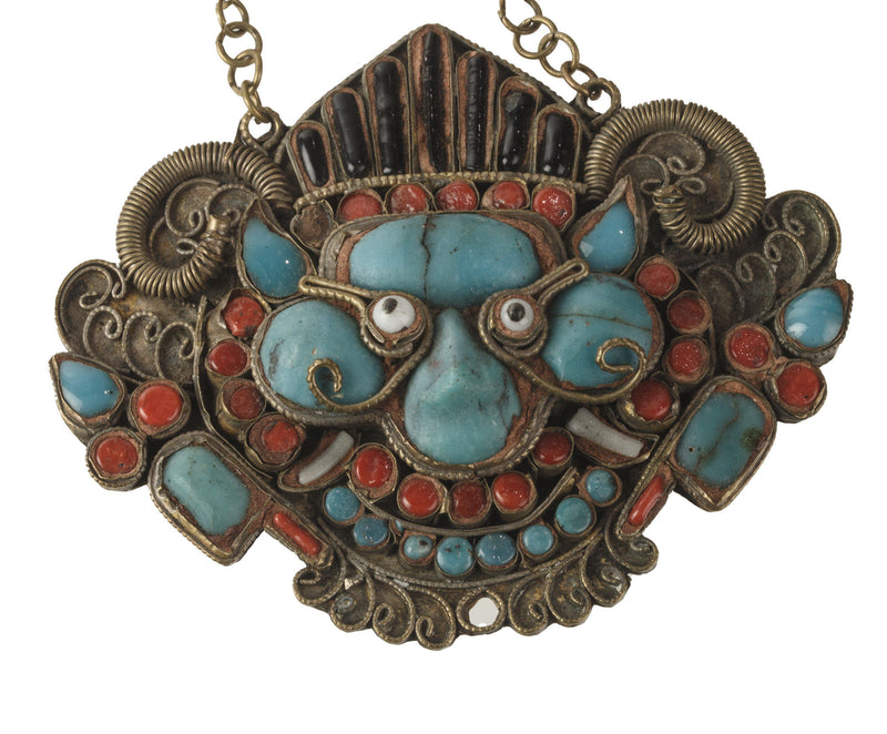 Old Tibetan Wrathful Deity pendant necklace, turquoise,black and coral glass. pdet140