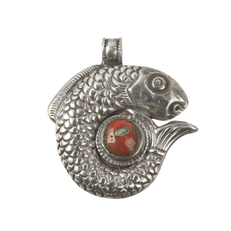 Old Tibetan sterling silver repoussé pendant with red coral and turquoise. pdet823cs