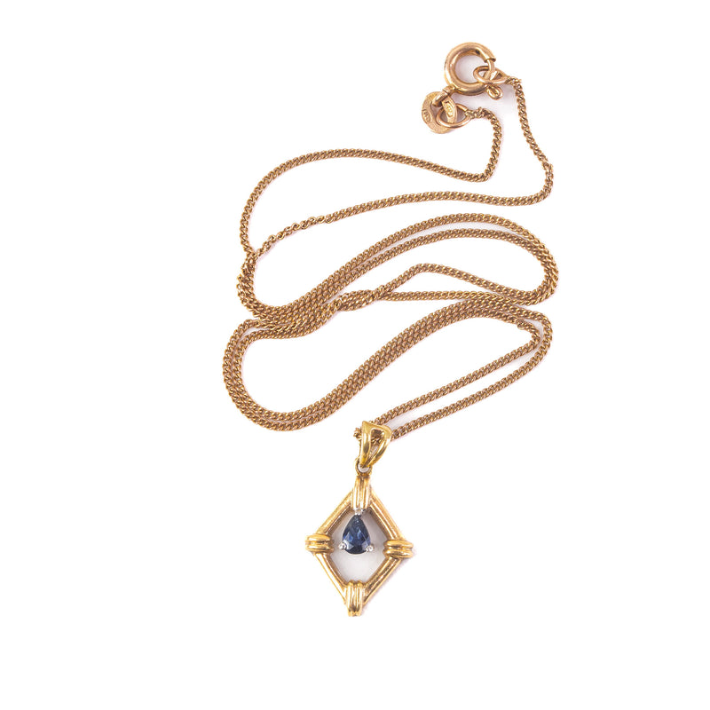 Vintage 14k gold pendant with blue sapphire set in platinum. 10k gold chain. Pdfn127