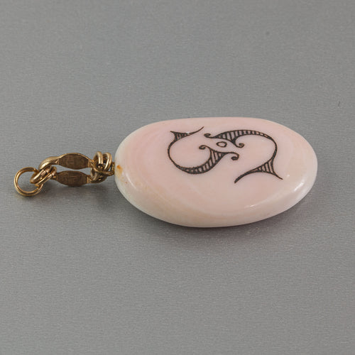 Antique pendant of fine pink and white coral. Etched monogram 'S".  PDJA769