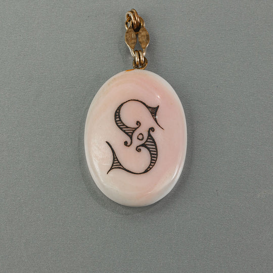 Antique pendant of fine pink and white coral. Etched monogram 'S".  PDJA769