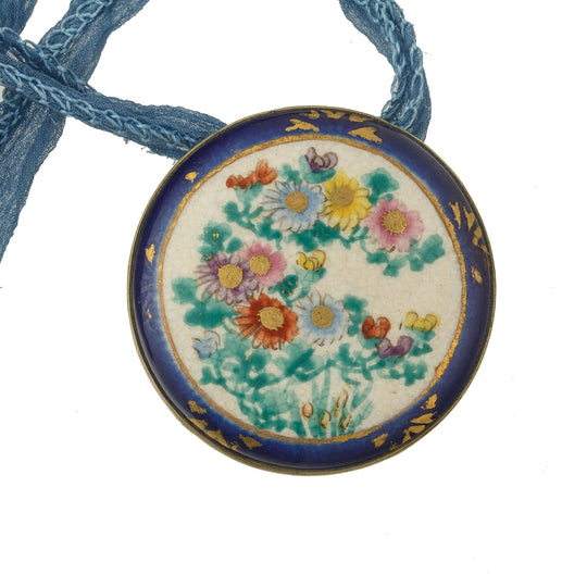 Antique Japanese Satsuma silver pendant with silk ribbon. Pdor428