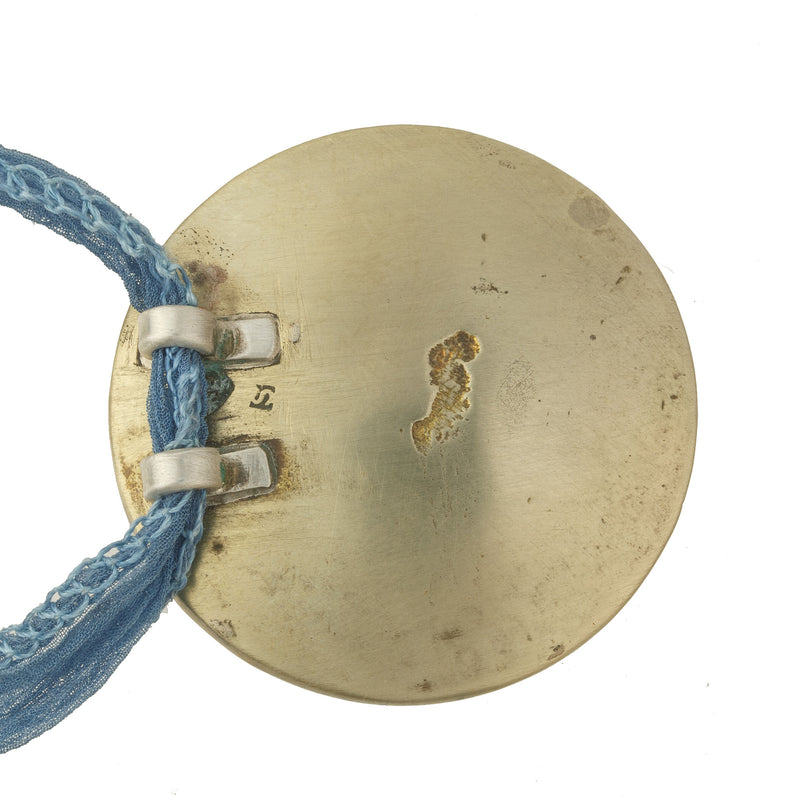 Antique Japanese Satsuma silver pendant with silk ribbon. Pdor428