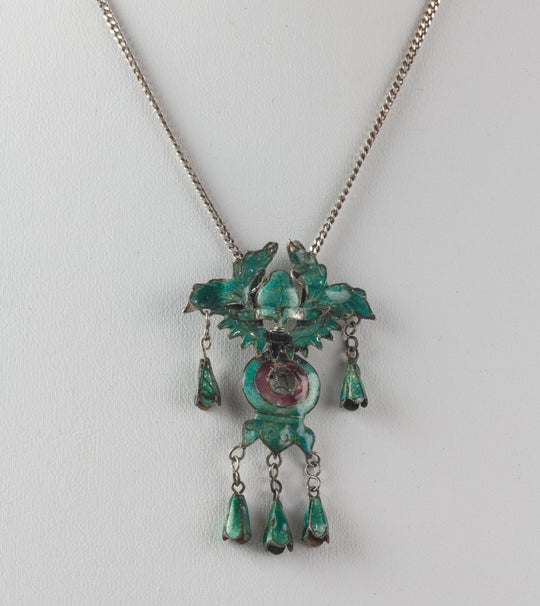 Antique Chinese Qing Dynasty enameled silver ornament on sterling silver chain.  pdor434