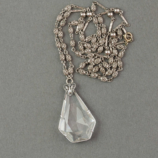 Vintage faceted crystal teardrop sterling silver pendant on 30" chain.  j-pdvn814