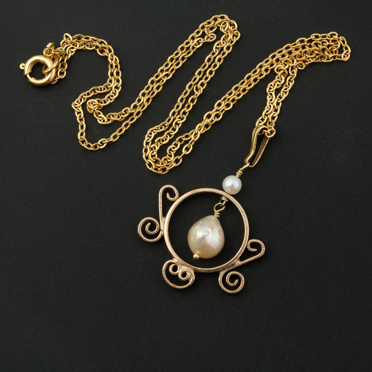 Vintage gold filled circular pendant with baroque pearl on gold filled chain.  j-pdvn815
