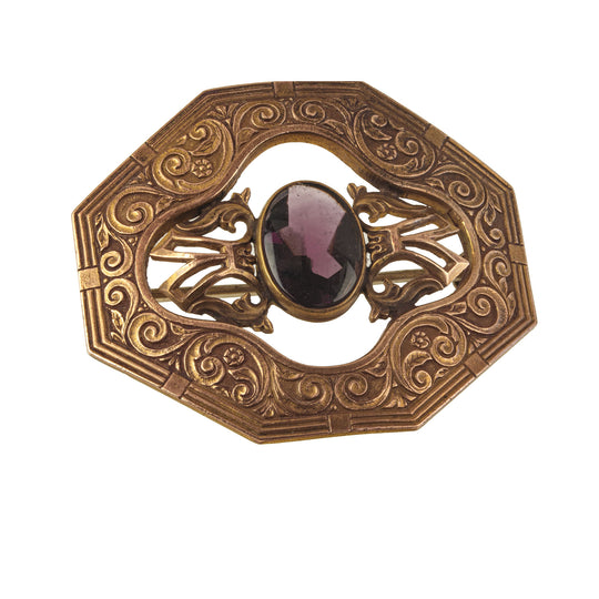 Antique Art Nouveau Brass and Amethyst Glass brooch / Sash pin. 1910s. Pkg 1. pnan58