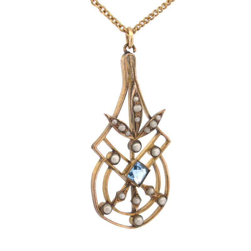 Edwardian Gold Pendant with light blue stone & seed pearls. j-pfn127