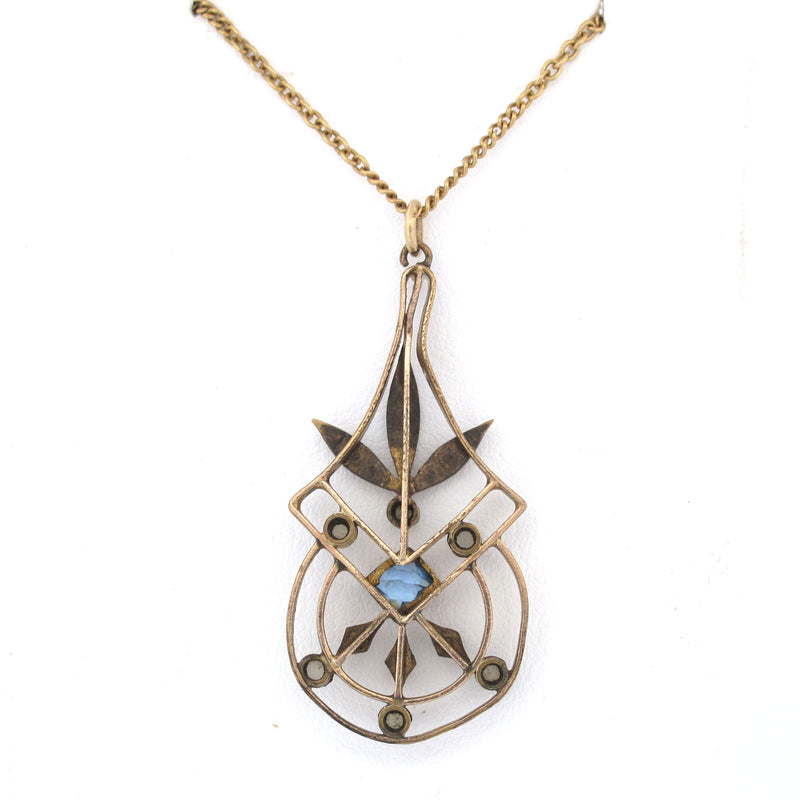Edwardian Gold Pendant with light blue stone & seed pearls. j-pfn127