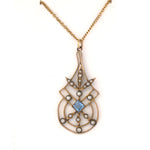 Edwardian Gold Pendant with light blue stone & seed pearls. j-pfn127