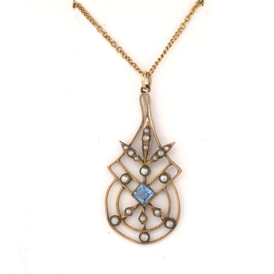 Edwardian 12k Gold Pendant with light blue stone & seed pearls. j-pnfn127