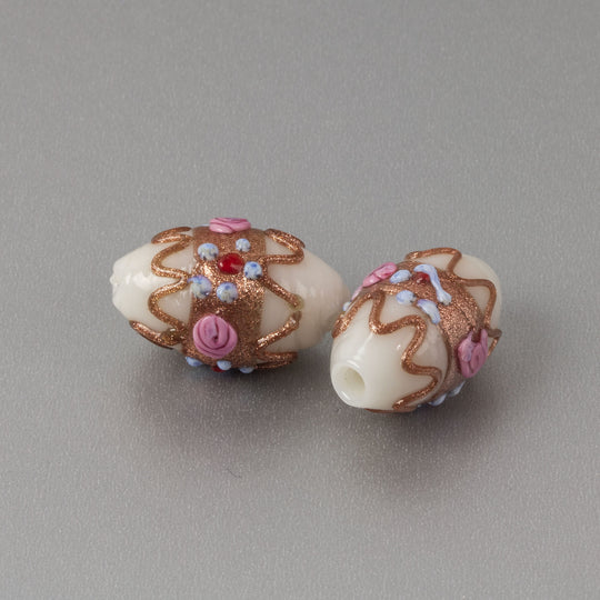 Vintage Venetian Fiorato Wedding Cake oval beads. 23x15mm. 1950s. Pkg1. b1-3014