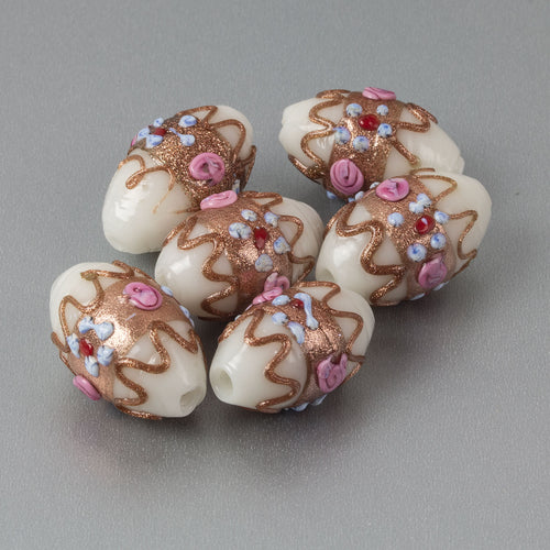 Vintage Venetian Fiorato Wedding Cake oval beads. 23x15mm. 1950s. Pkg1. b1-3014