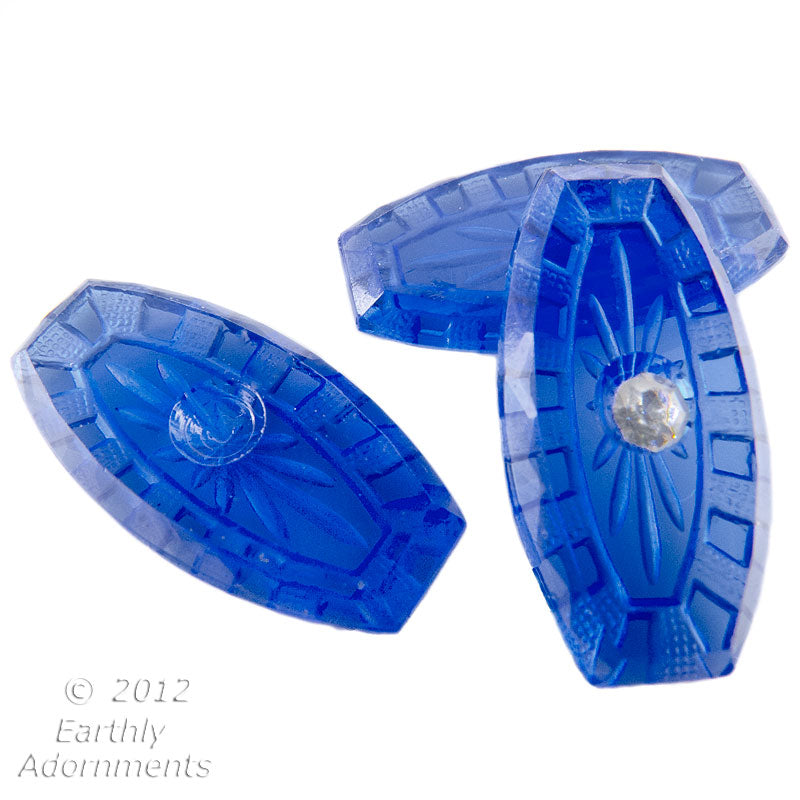 Vintage West German reverse etched sapphire blue stones with a hole for rhinestone. 16x8mm. Pkg of 4. 