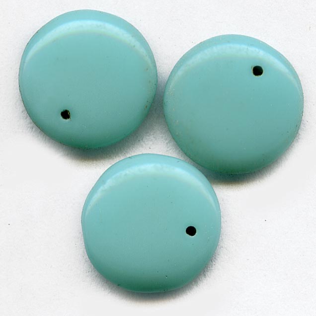 Vintage Czech smooth opaque turquoise glass disk pendant. 12mm, pkg of 10.