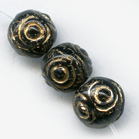 Pressed jet glass beads with gold décor 7mm pkg of 20. b11-bw-0964